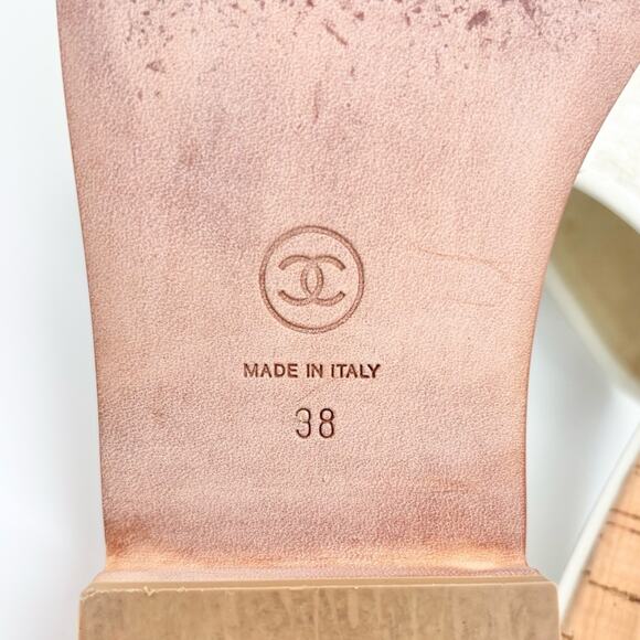 Chanel Interlocking CC Tweed Cork Slip On Heeled Mules Slides Sandals 38 - Picture 7 of 8